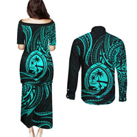 Polynesian Guam Coat of Arms Couples Matching Puletasi and Long Sleeve Button Shirt Polynesian Tribal Tattoo Turquoise Version LT9 - Polynesian Pride