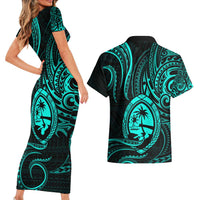 Polynesian Guam Coat of Arms Couples Matching Short Sleeve Bodycon Dress and Hawaiian Shirt Polynesian Tribal Tattoo Turquoise Version LT9 - Polynesian Pride