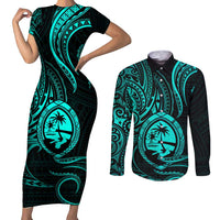 Polynesian Guam Coat of Arms Couples Matching Short Sleeve Bodycon Dress and Long Sleeve Button Shirt Polynesian Tribal Tattoo Turquoise Version LT9 Turquoise - Polynesian Pride