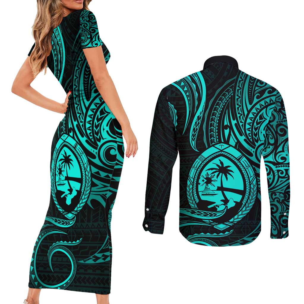 Polynesian Guam Coat of Arms Couples Matching Short Sleeve Bodycon Dress and Long Sleeve Button Shirt Polynesian Tribal Tattoo Turquoise Version LT9 - Polynesian Pride
