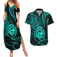 Polynesian Guam Coat of Arms Couples Matching Summer Maxi Dress and Hawaiian Shirt Polynesian Tribal Tattoo Turquoise Version LT9 Turquoise - Polynesian Pride