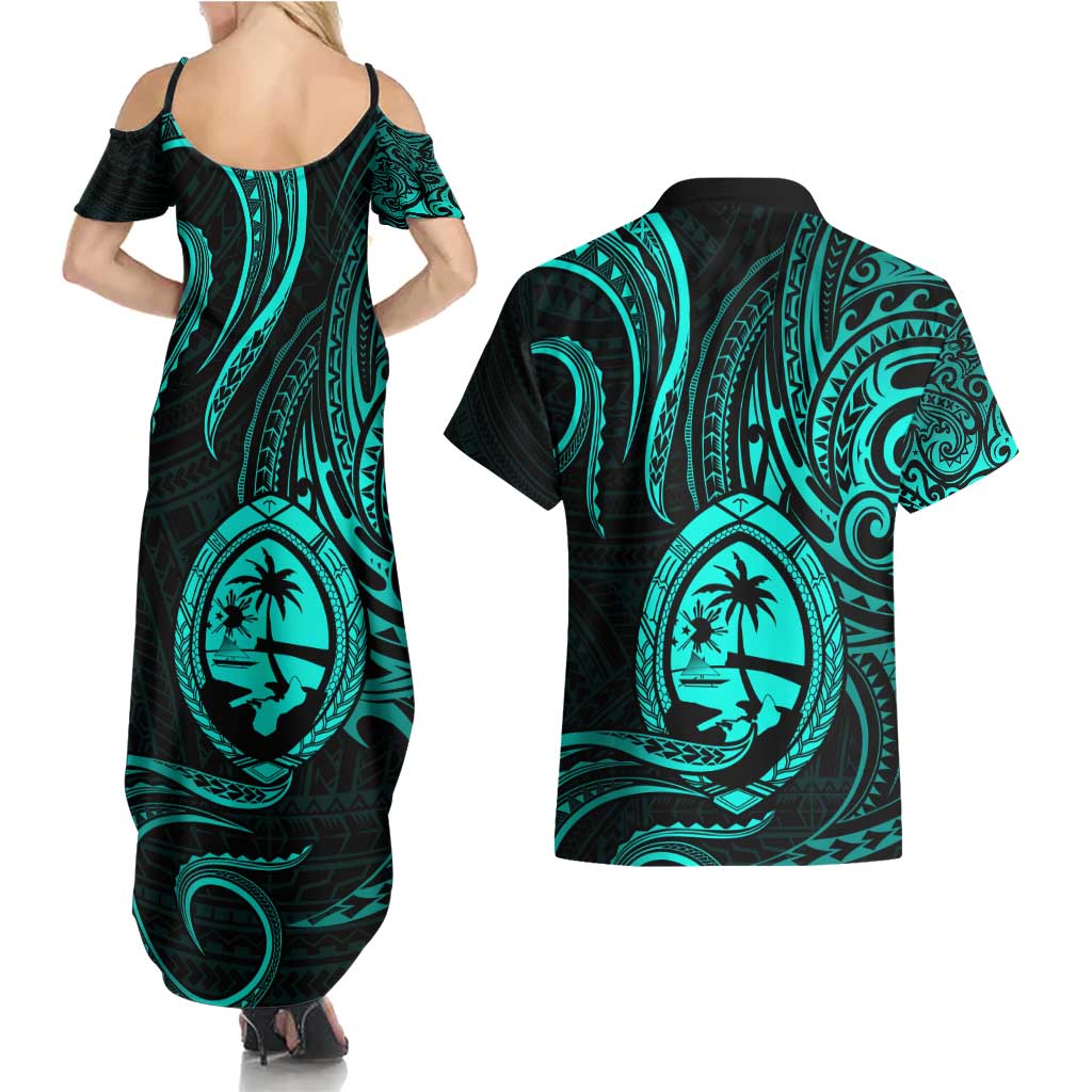 Polynesian Guam Coat of Arms Couples Matching Summer Maxi Dress and Hawaiian Shirt Polynesian Tribal Tattoo Turquoise Version LT9 - Polynesian Pride