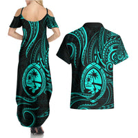 Polynesian Guam Coat of Arms Couples Matching Summer Maxi Dress and Hawaiian Shirt Polynesian Tribal Tattoo Turquoise Version LT9 - Polynesian Pride