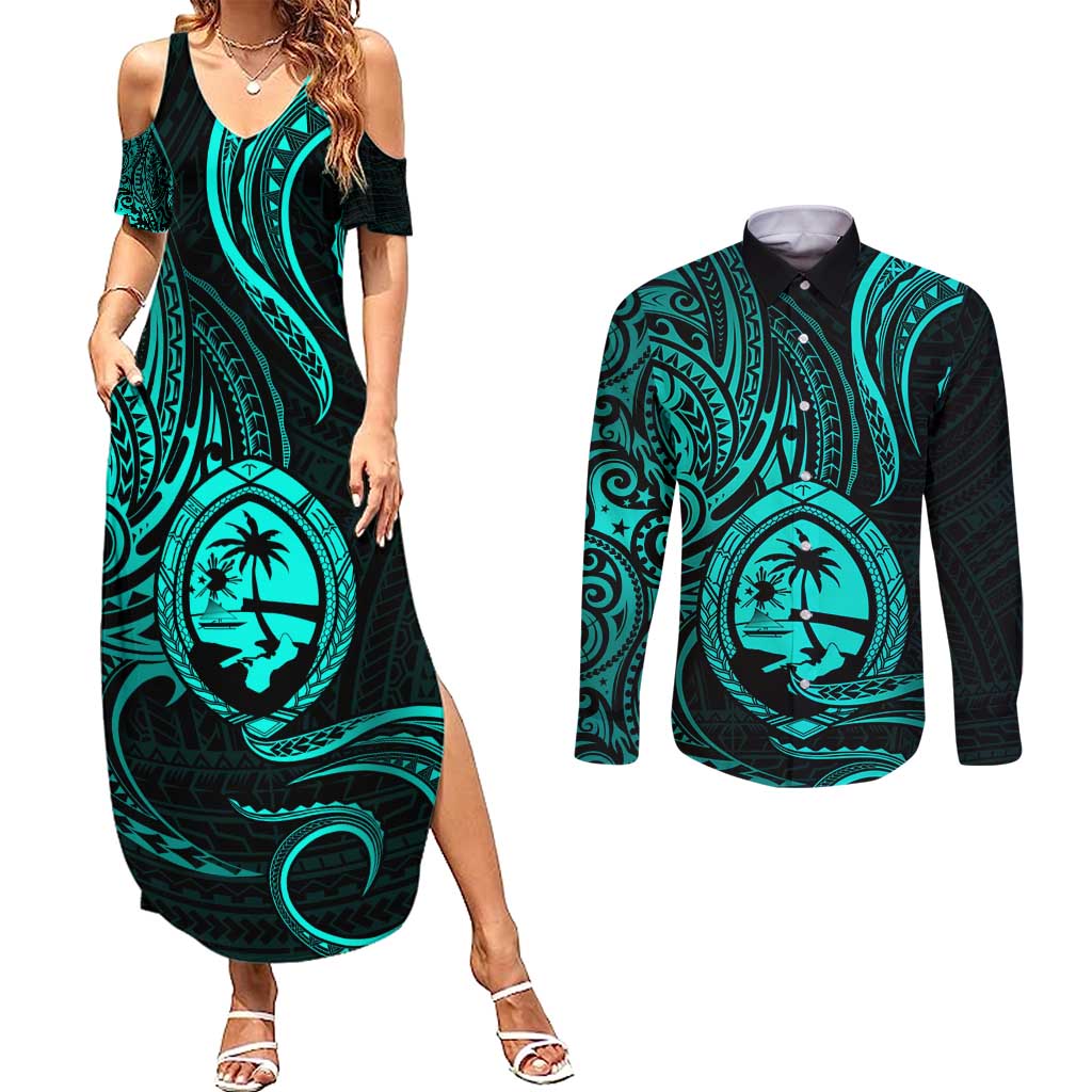 Polynesian Guam Coat of Arms Couples Matching Summer Maxi Dress and Long Sleeve Button Shirt Polynesian Tribal Tattoo Turquoise Version LT9 Turquoise - Polynesian Pride