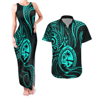 Polynesian Guam Coat of Arms Couples Matching Tank Maxi Dress and Hawaiian Shirt Polynesian Tribal Tattoo Turquoise Version LT9 Turquoise - Polynesian Pride