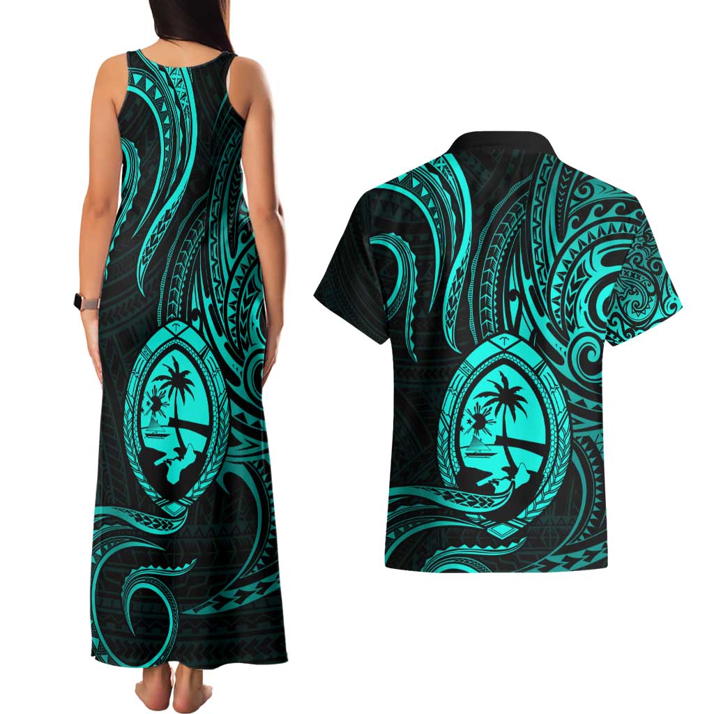 Polynesian Guam Coat of Arms Couples Matching Tank Maxi Dress and Hawaiian Shirt Polynesian Tribal Tattoo Turquoise Version LT9 - Polynesian Pride