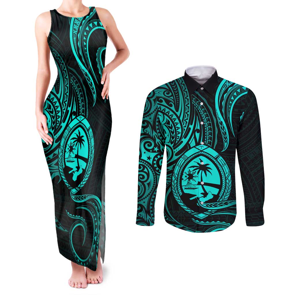 Polynesian Guam Coat of Arms Couples Matching Tank Maxi Dress and Long Sleeve Button Shirt Polynesian Tribal Tattoo Turquoise Version LT9 Turquoise - Polynesian Pride