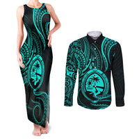 Polynesian Guam Coat of Arms Couples Matching Tank Maxi Dress and Long Sleeve Button Shirt Polynesian Tribal Tattoo Turquoise Version LT9 Turquoise - Polynesian Pride