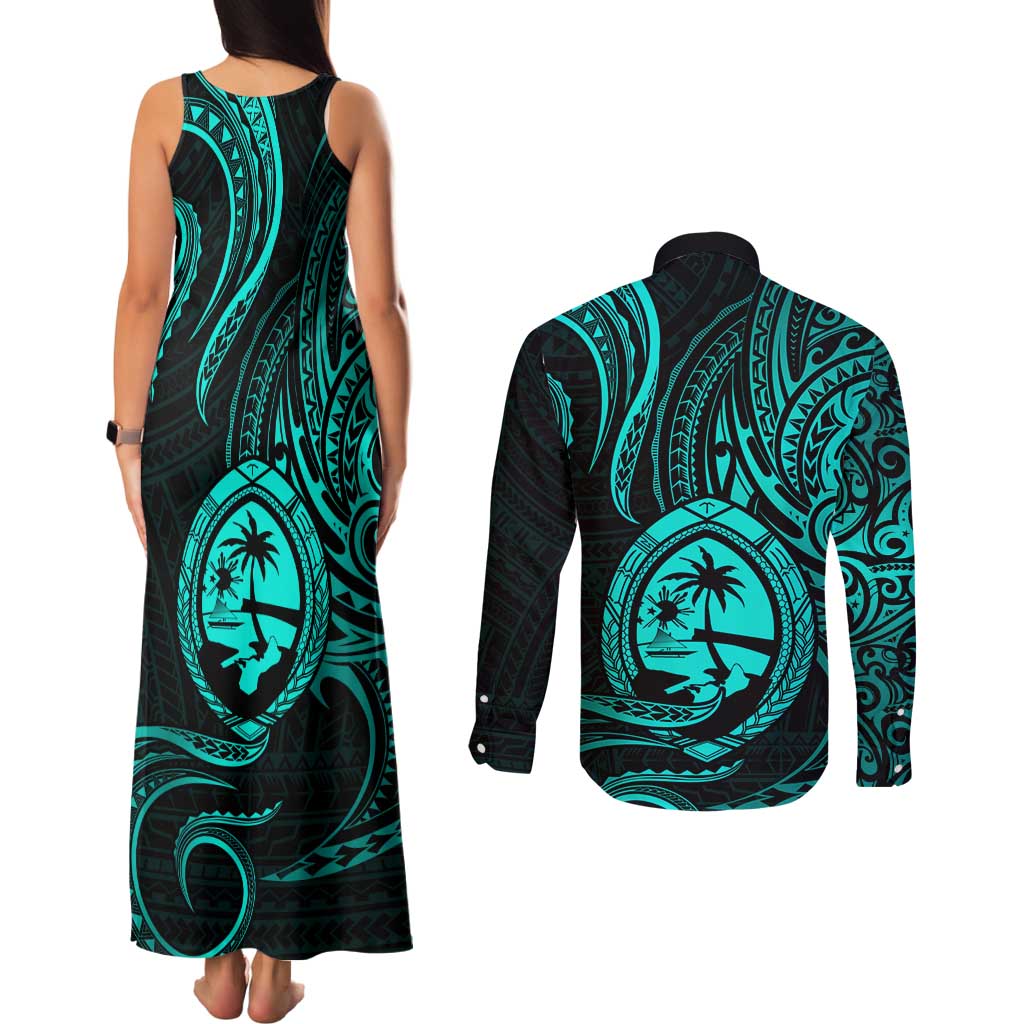 Polynesian Guam Coat of Arms Couples Matching Tank Maxi Dress and Long Sleeve Button Shirt Polynesian Tribal Tattoo Turquoise Version LT9 - Polynesian Pride