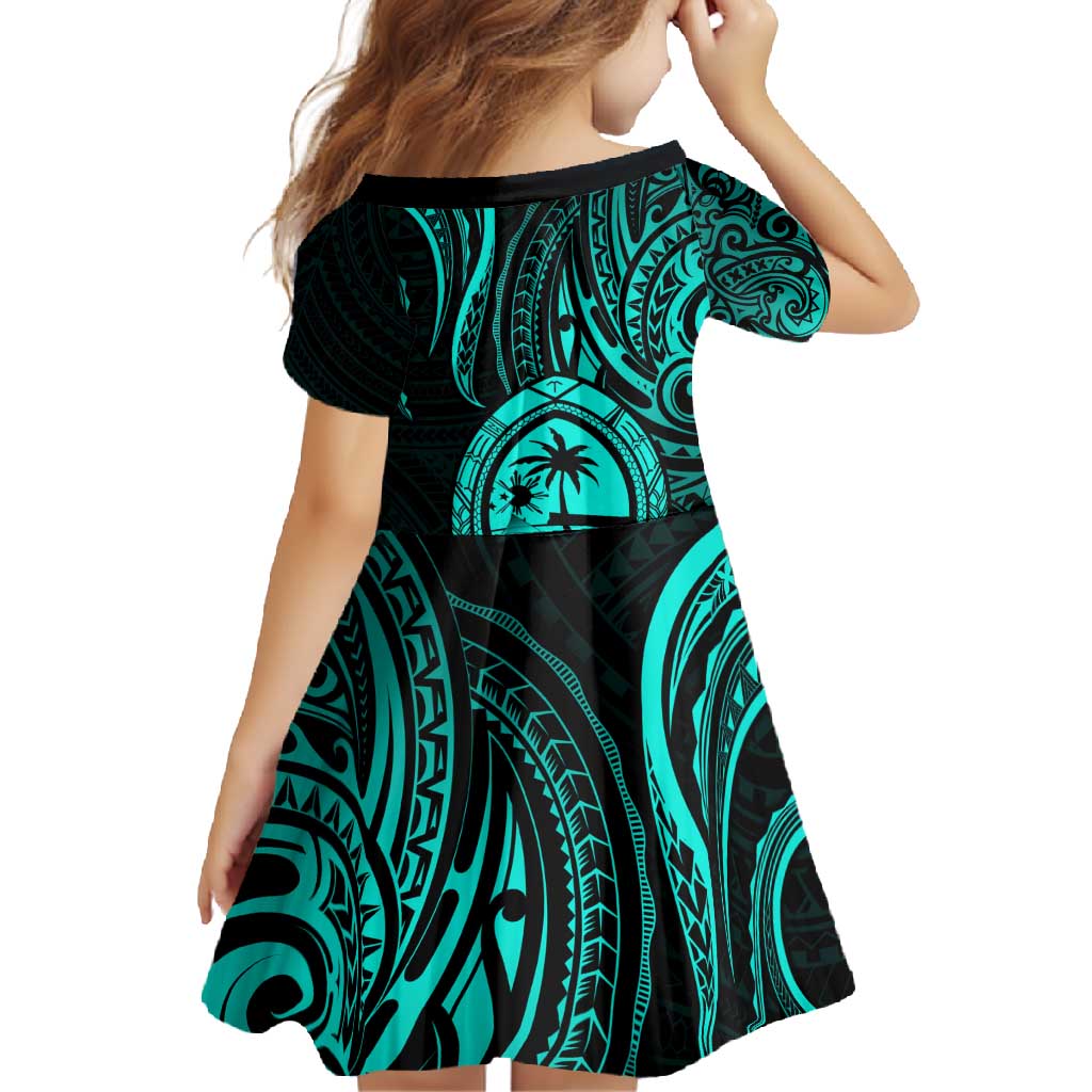 Polynesian Guam Coat of Arms Family Matching Long Sleeve Bodycon Dress and Hawaiian Shirt Polynesian Tribal Tattoo Turquoise Version LT9 - Polynesian Pride