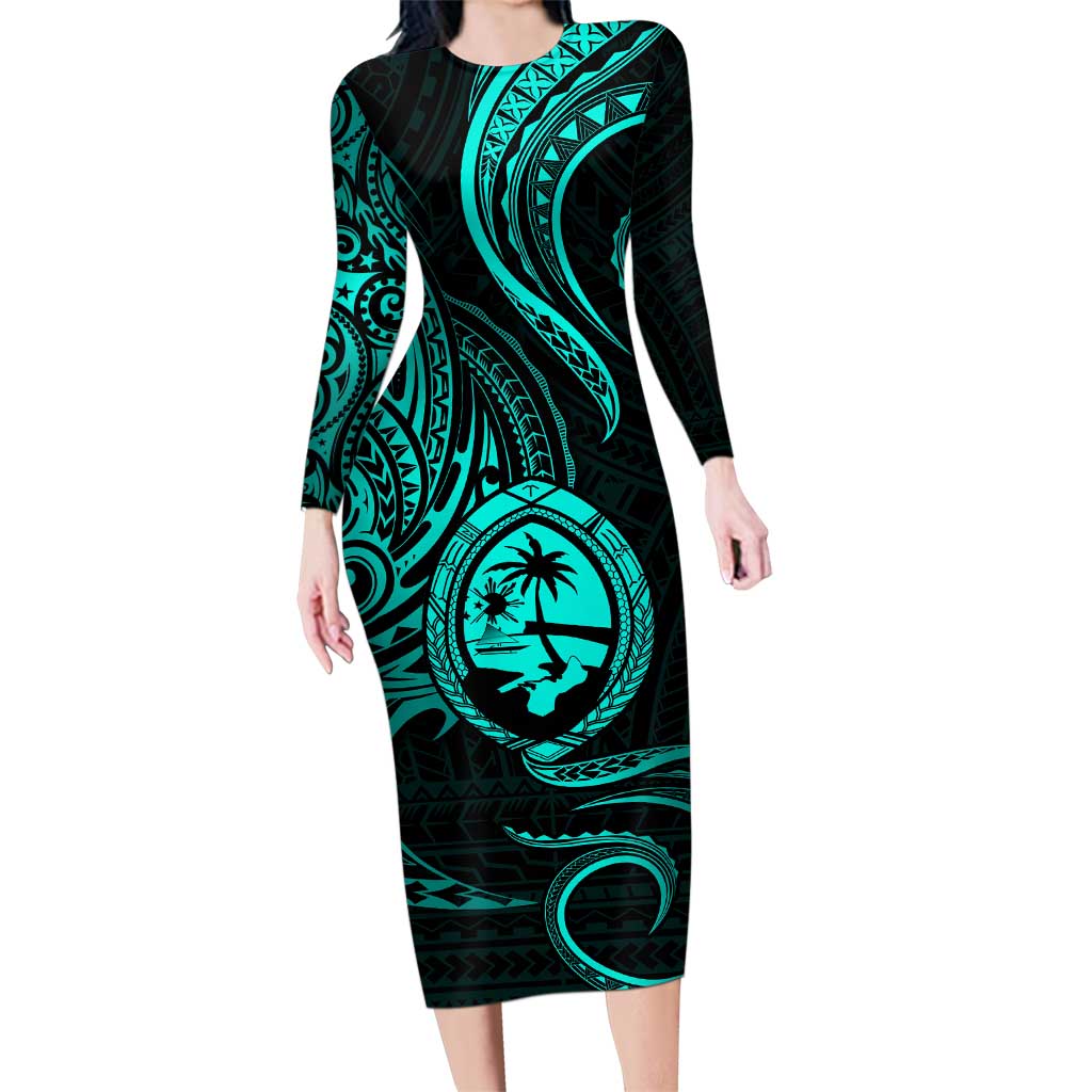 Polynesian Guam Coat of Arms Family Matching Long Sleeve Bodycon Dress and Hawaiian Shirt Polynesian Tribal Tattoo Turquoise Version LT9 Mom's Dress Turquoise - Polynesian Pride