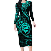 Polynesian Guam Coat of Arms Family Matching Long Sleeve Bodycon Dress and Hawaiian Shirt Polynesian Tribal Tattoo Turquoise Version LT9 Mom's Dress Turquoise - Polynesian Pride