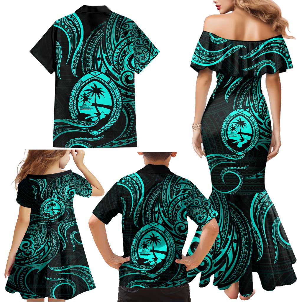 Polynesian Guam Coat of Arms Family Matching Mermaid Dress and Hawaiian Shirt Polynesian Tribal Tattoo Turquoise Version LT9 - Polynesian Pride