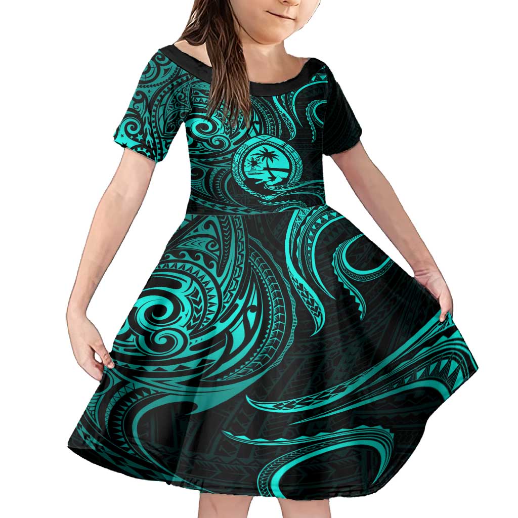 Polynesian Guam Coat of Arms Family Matching Off Shoulder Maxi Dress and Hawaiian Shirt Polynesian Tribal Tattoo Turquoise Version LT9 Daughter's Dress Turquoise - Polynesian Pride