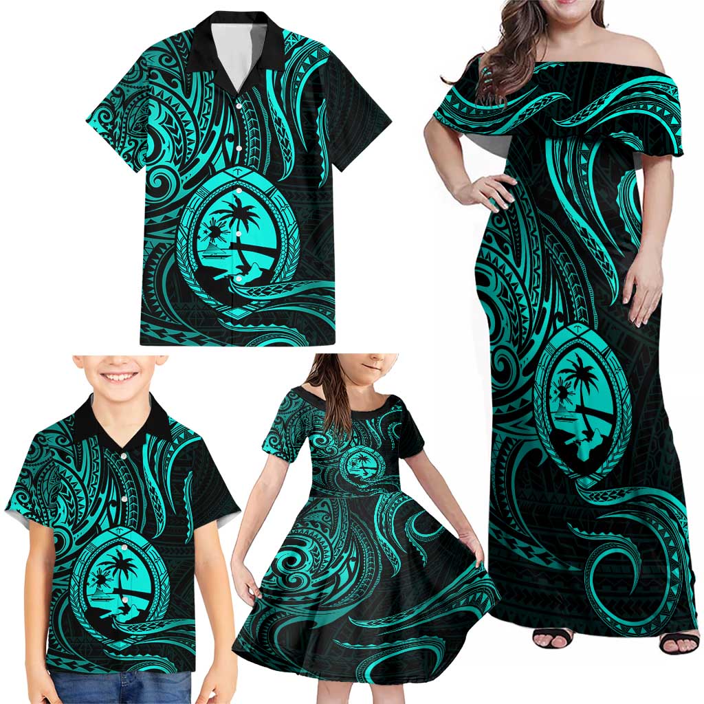 Polynesian Guam Coat of Arms Family Matching Off Shoulder Maxi Dress and Hawaiian Shirt Polynesian Tribal Tattoo Turquoise Version LT9 - Polynesian Pride