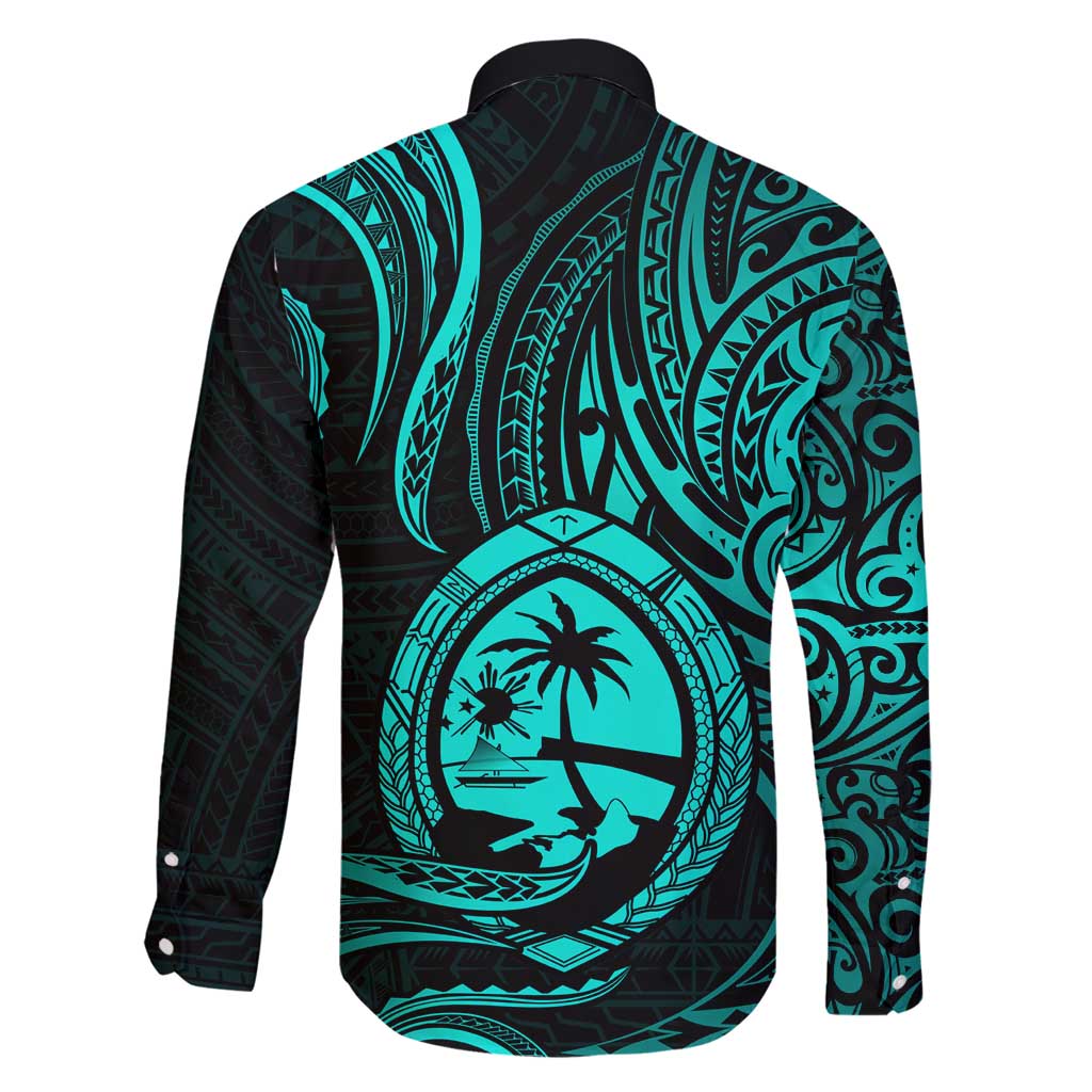 Polynesian Guam Coat of Arms Family Matching Off Shoulder Maxi Dress and Hawaiian Shirt Polynesian Tribal Tattoo Turquoise Version LT9 - Polynesian Pride