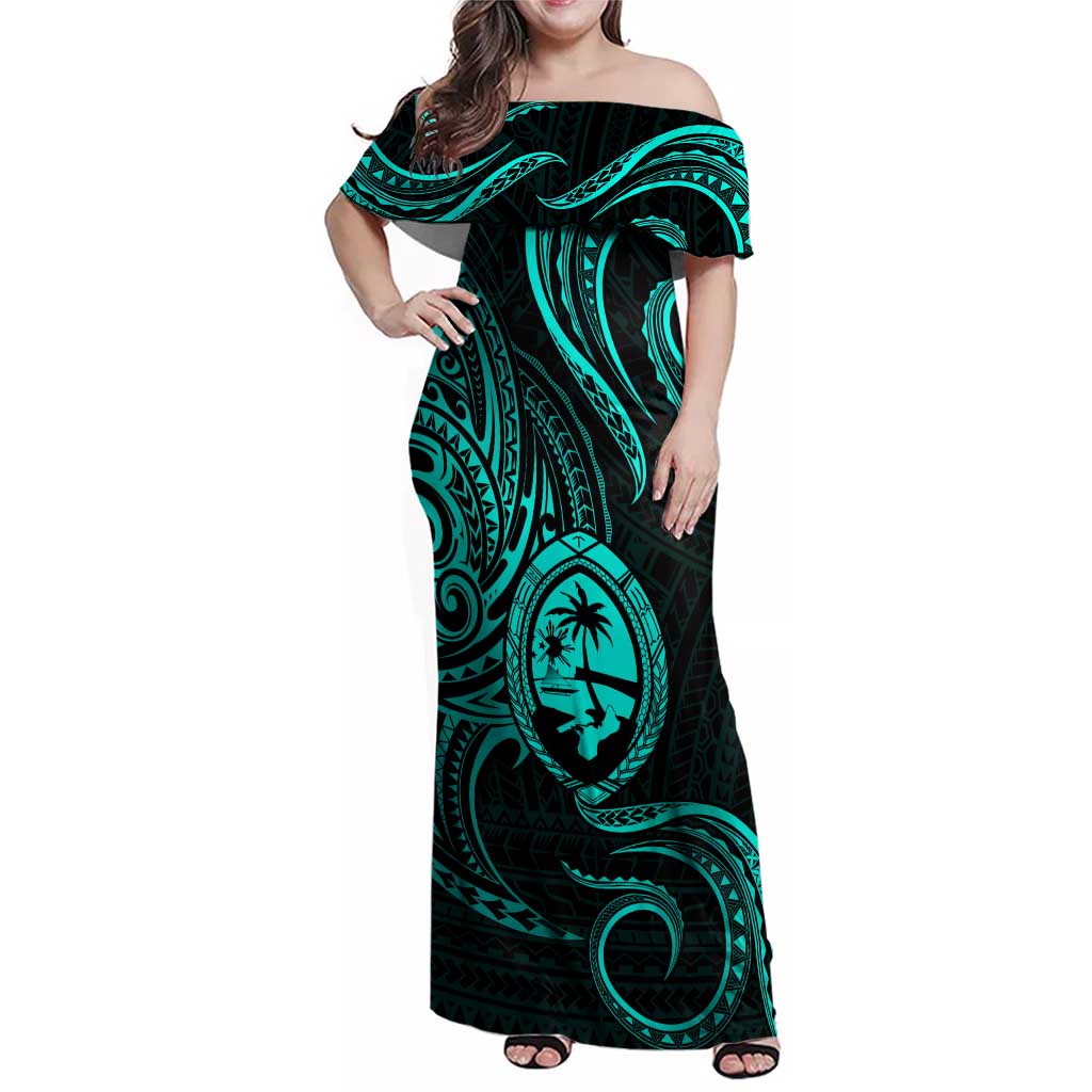 Polynesian Guam Coat of Arms Family Matching Off Shoulder Maxi Dress and Hawaiian Shirt Polynesian Tribal Tattoo Turquoise Version LT9 Mom's Dress Turquoise - Polynesian Pride