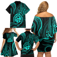 Polynesian Guam Coat of Arms Family Matching Off Shoulder Short Dress and Hawaiian Shirt Polynesian Tribal Tattoo Turquoise Version LT9 - Polynesian Pride
