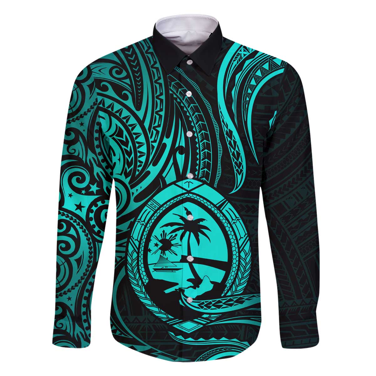 Polynesian Guam Coat of Arms Family Matching Off Shoulder Short Dress and Hawaiian Shirt Polynesian Tribal Tattoo Turquoise Version LT9 Dad's Shirt - Long Sleeve Turquoise - Polynesian Pride
