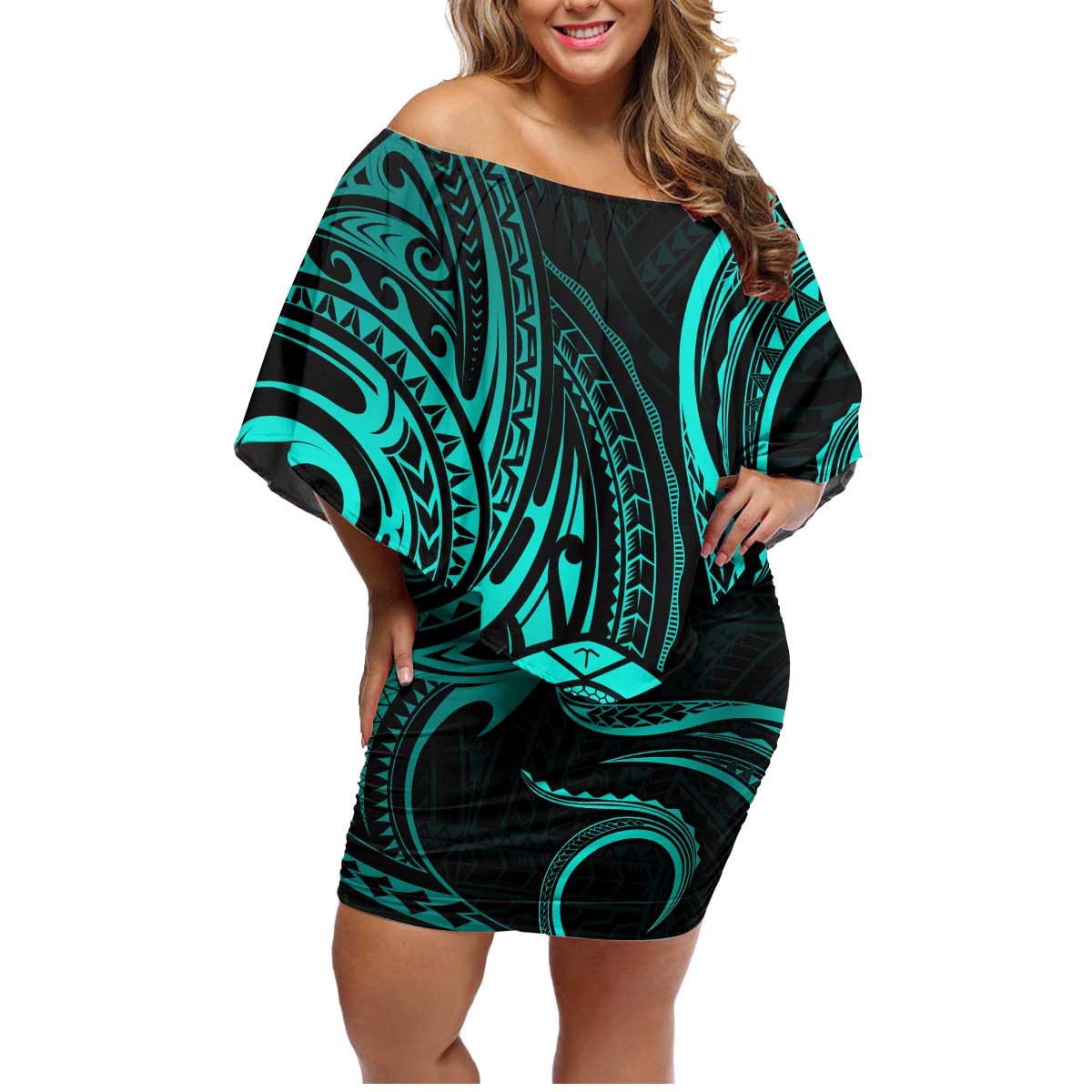 Polynesian Guam Coat of Arms Family Matching Off Shoulder Short Dress and Hawaiian Shirt Polynesian Tribal Tattoo Turquoise Version LT9 Mom's Dress Turquoise - Polynesian Pride