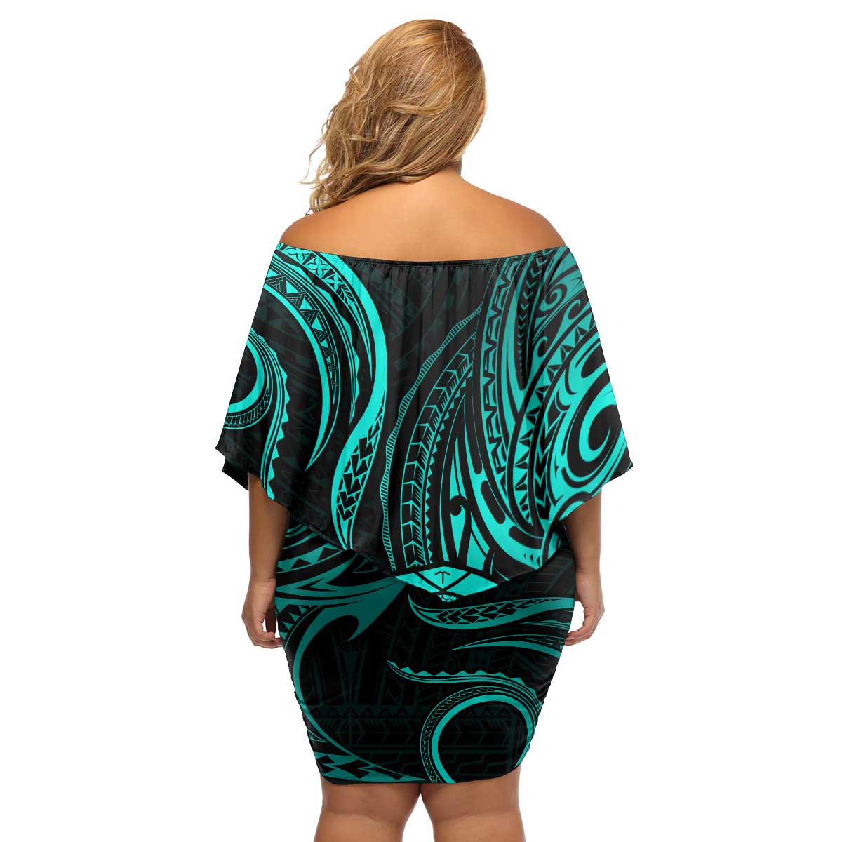 Polynesian Guam Coat of Arms Family Matching Off Shoulder Short Dress and Hawaiian Shirt Polynesian Tribal Tattoo Turquoise Version LT9 - Polynesian Pride