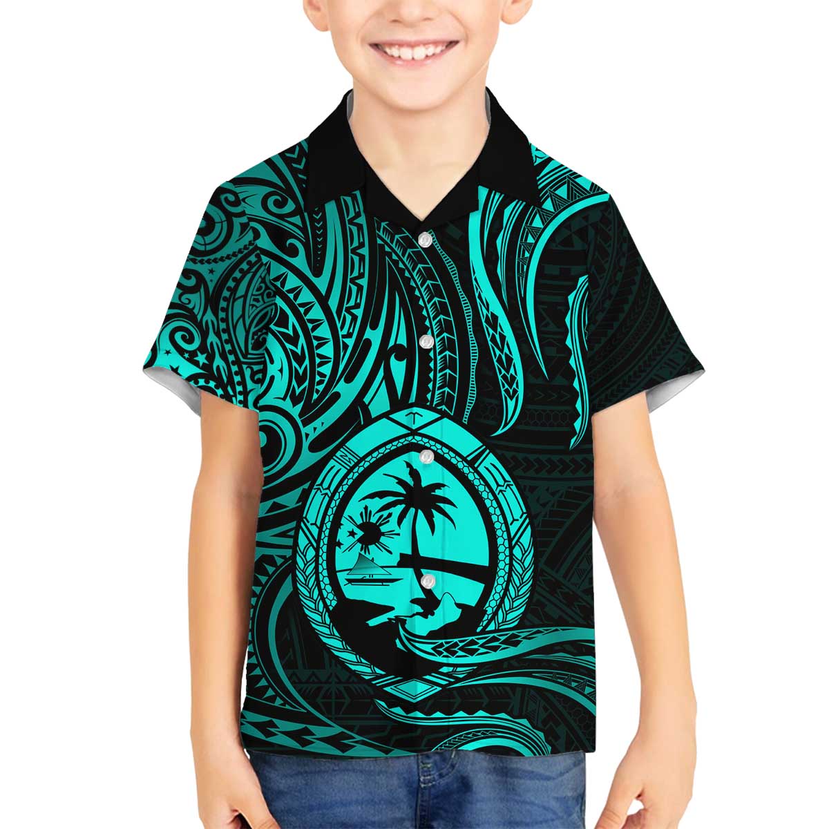 Polynesian Guam Coat of Arms Family Matching Off Shoulder Short Dress and Hawaiian Shirt Polynesian Tribal Tattoo Turquoise Version LT9 Son's Shirt Turquoise - Polynesian Pride