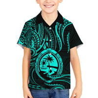 Polynesian Guam Coat of Arms Family Matching Off Shoulder Short Dress and Hawaiian Shirt Polynesian Tribal Tattoo Turquoise Version LT9 Son's Shirt Turquoise - Polynesian Pride
