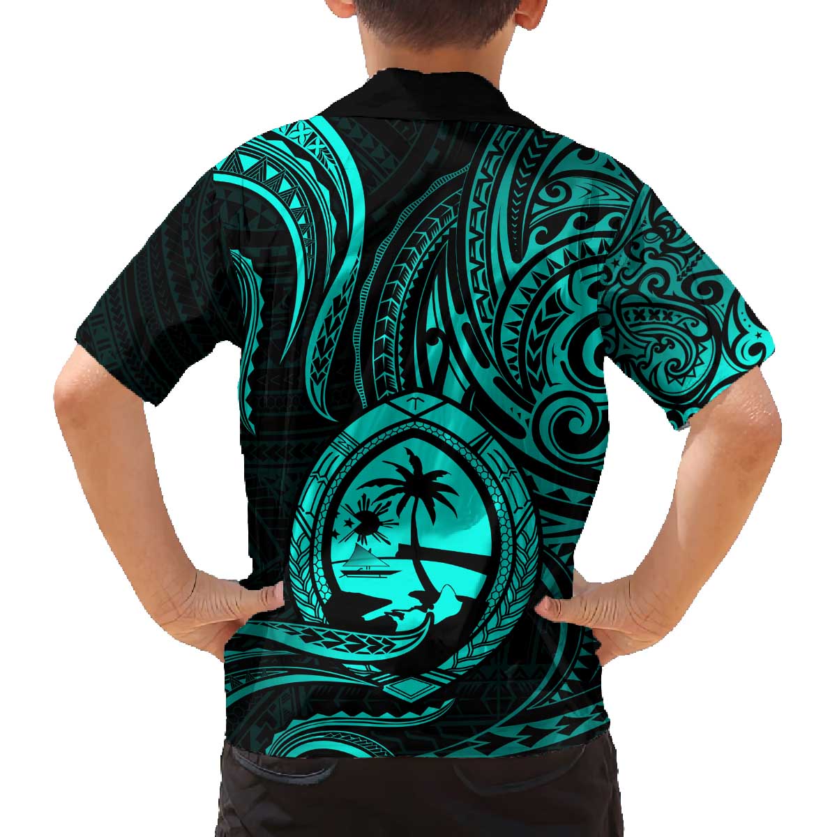 Polynesian Guam Coat of Arms Family Matching Puletasi and Hawaiian Shirt Polynesian Tribal Tattoo Turquoise Version LT9 - Polynesian Pride