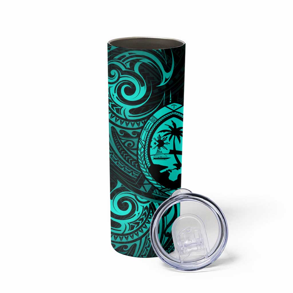 Polynesian Guam Coat of Arms Skinny Tumbler Polynesian Tribal Tattoo Turquoise Version LT9 - Polynesian Pride