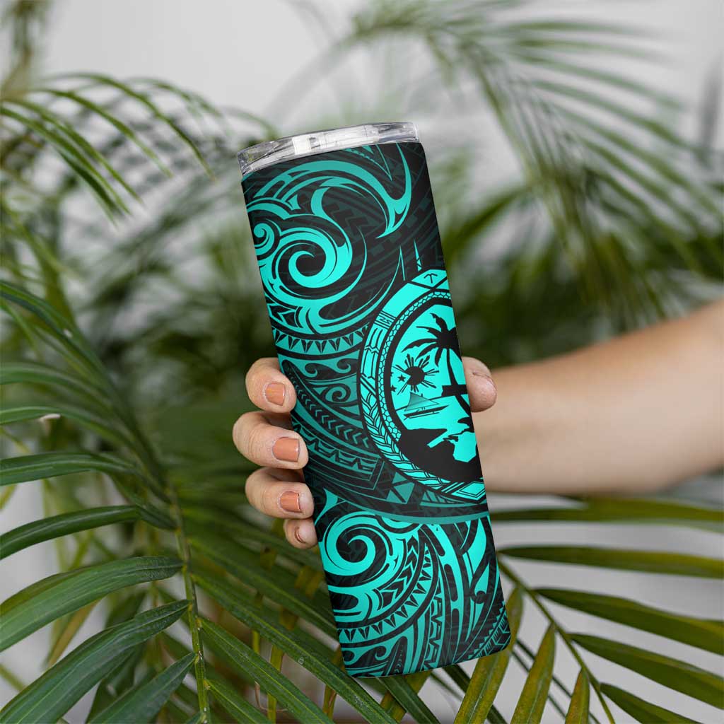 Polynesian Guam Coat of Arms Skinny Tumbler Polynesian Tribal Tattoo Turquoise Version LT9 - Polynesian Pride