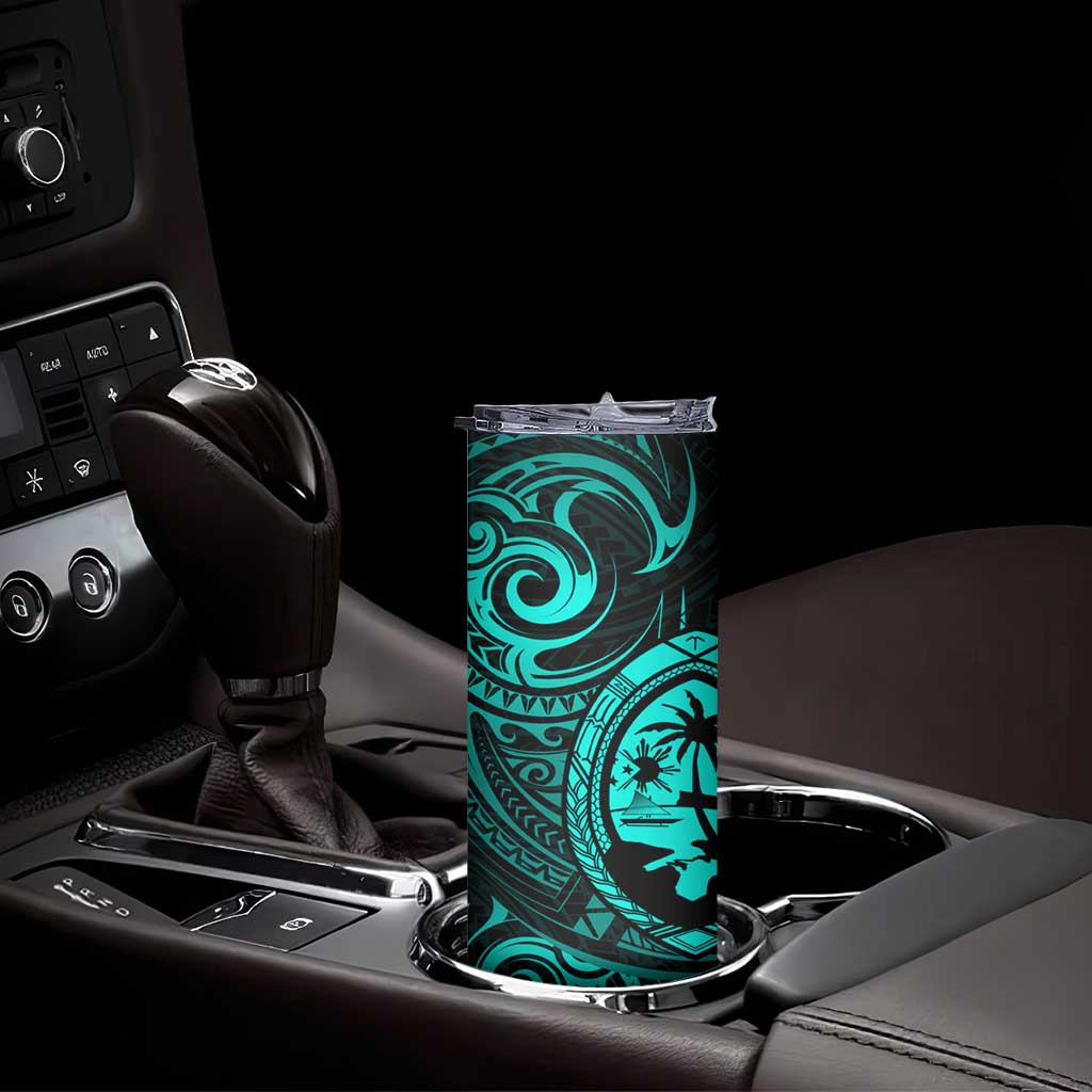 Polynesian Guam Coat of Arms Skinny Tumbler Polynesian Tribal Tattoo Turquoise Version LT9 - Polynesian Pride