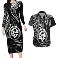 Polynesian Guam Coat of Arms Couples Matching Long Sleeve Bodycon Dress and Hawaiian Shirt Polynesian Tribal Tattoo Black Version LT9 Black - Polynesian Pride
