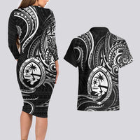 Polynesian Guam Coat of Arms Couples Matching Long Sleeve Bodycon Dress and Hawaiian Shirt Polynesian Tribal Tattoo Black Version LT9 - Polynesian Pride