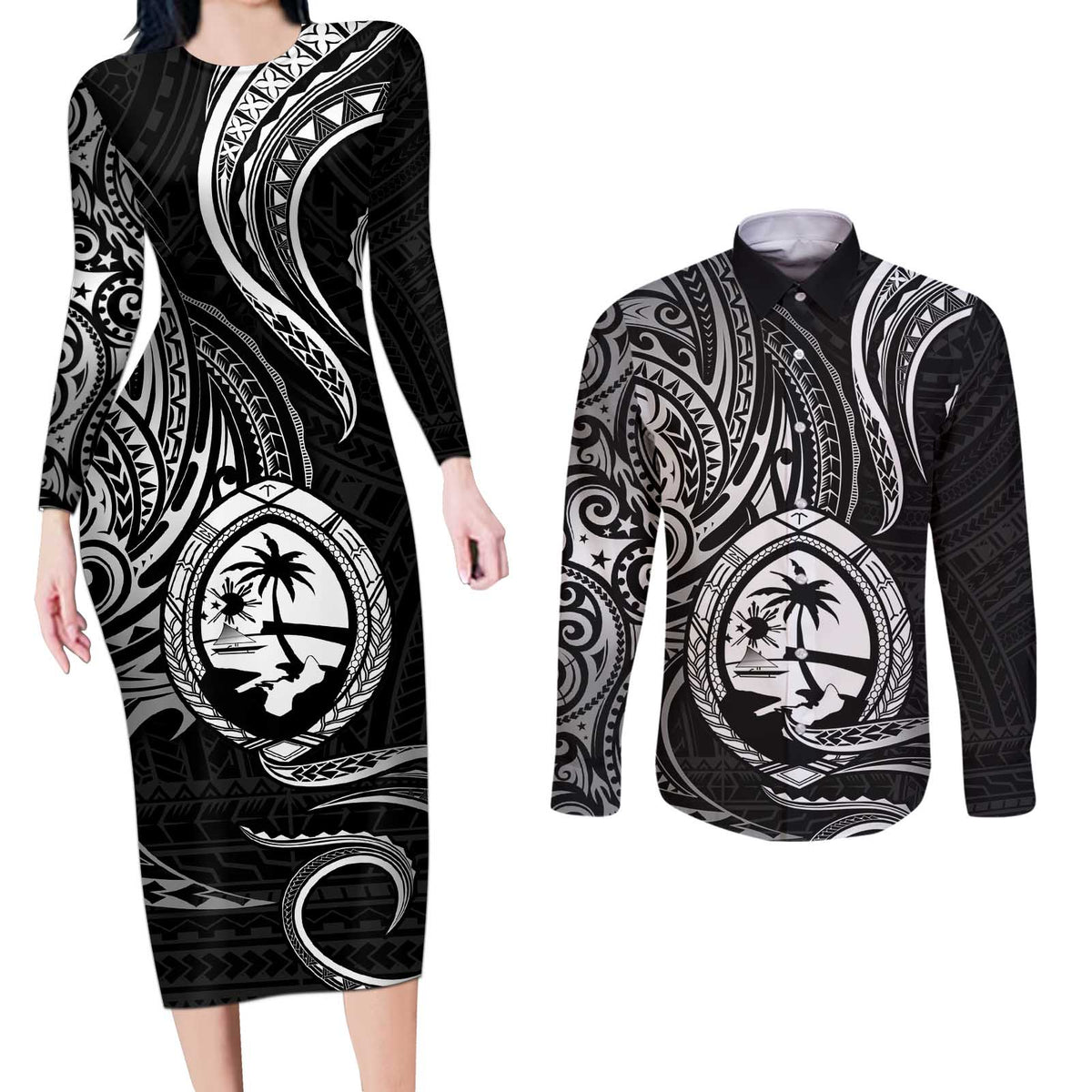 Polynesian Guam Coat of Arms Couples Matching Long Sleeve Bodycon Dress and Long Sleeve Button Shirt Polynesian Tribal Tattoo Black Version LT9 Black - Polynesian Pride