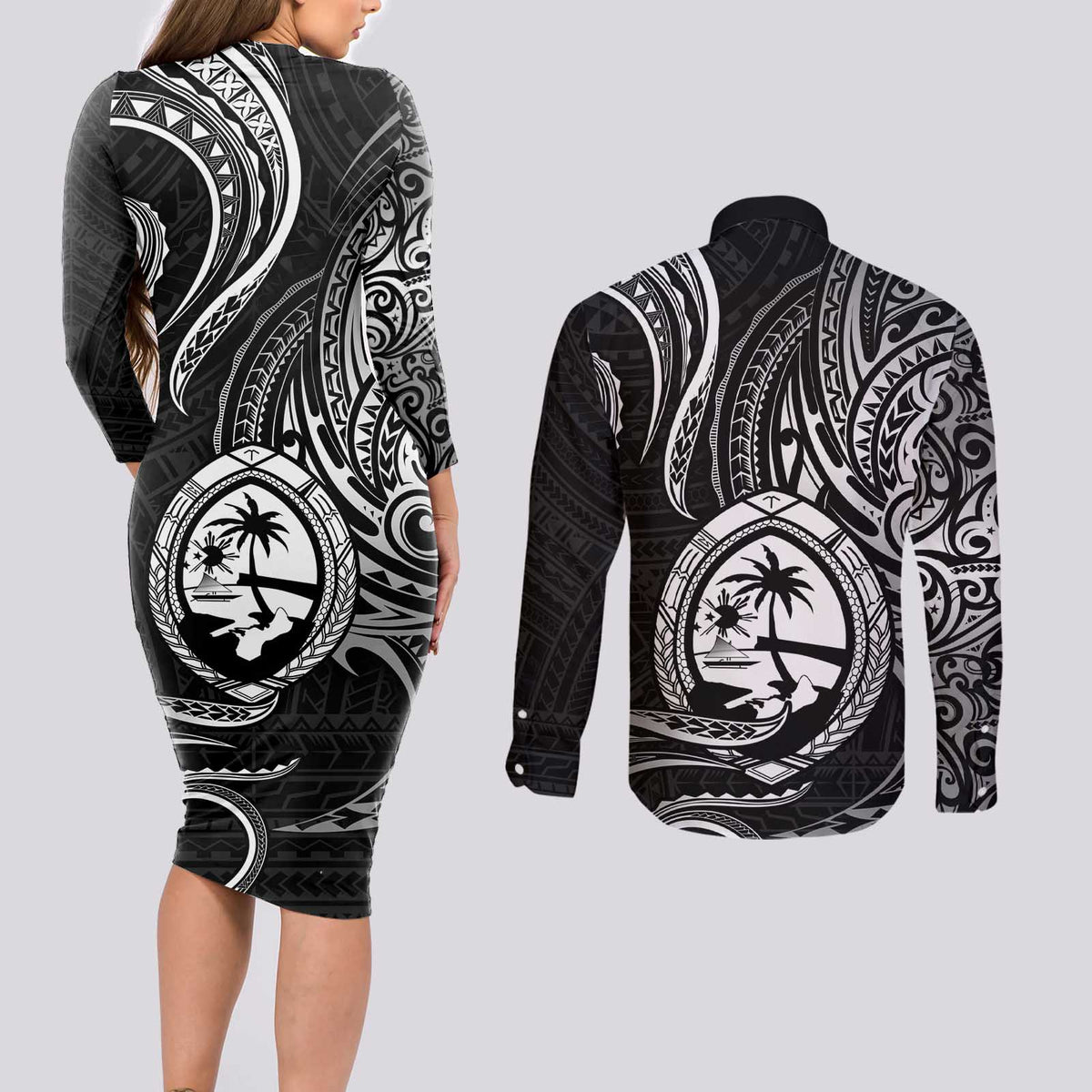 Polynesian Guam Coat of Arms Couples Matching Long Sleeve Bodycon Dress and Long Sleeve Button Shirt Polynesian Tribal Tattoo Black Version LT9 - Polynesian Pride