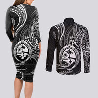 Polynesian Guam Coat of Arms Couples Matching Long Sleeve Bodycon Dress and Long Sleeve Button Shirt Polynesian Tribal Tattoo Black Version LT9 - Polynesian Pride