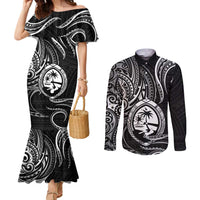 Polynesian Guam Coat of Arms Couples Matching Mermaid Dress and Long Sleeve Button Shirt Polynesian Tribal Tattoo Black Version LT9 Black - Polynesian Pride