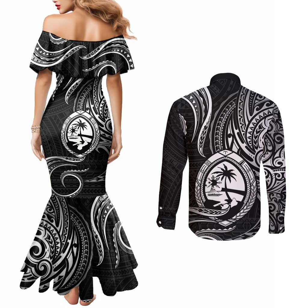 Polynesian Guam Coat of Arms Couples Matching Mermaid Dress and Long Sleeve Button Shirt Polynesian Tribal Tattoo Black Version LT9 - Polynesian Pride