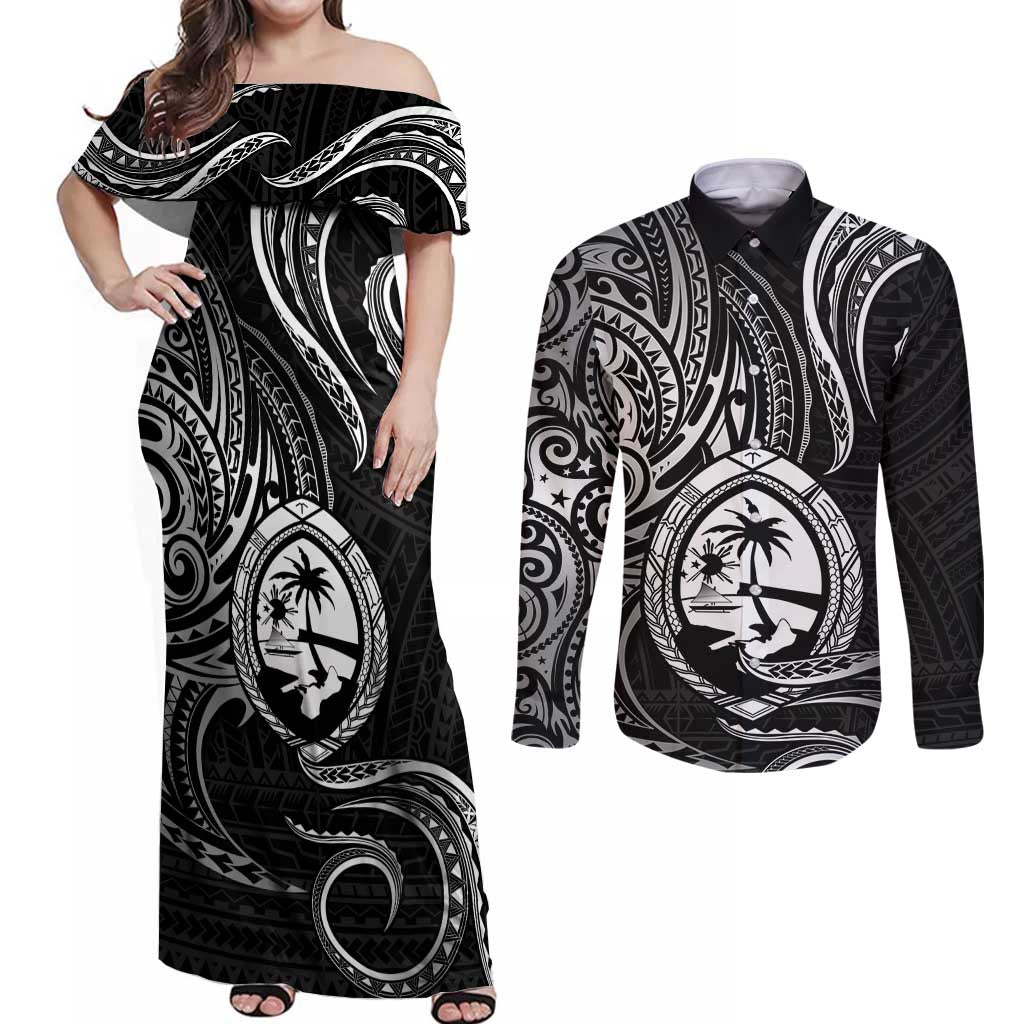 Polynesian Guam Coat of Arms Couples Matching Off Shoulder Maxi Dress and Long Sleeve Button Shirt Polynesian Tribal Tattoo Black Version LT9 Black - Polynesian Pride
