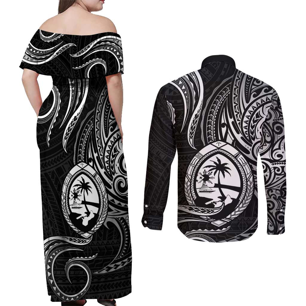 Polynesian Guam Coat of Arms Couples Matching Off Shoulder Maxi Dress and Long Sleeve Button Shirt Polynesian Tribal Tattoo Black Version LT9 - Polynesian Pride
