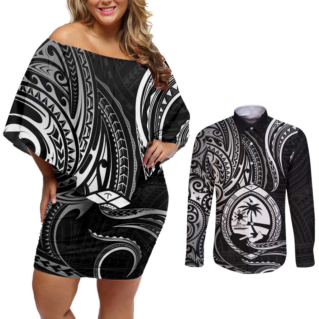 Polynesian Guam Coat of Arms Couples Matching Off Shoulder Short Dress and Long Sleeve Button Shirt Polynesian Tribal Tattoo Black Version LT9 Black - Polynesian Pride