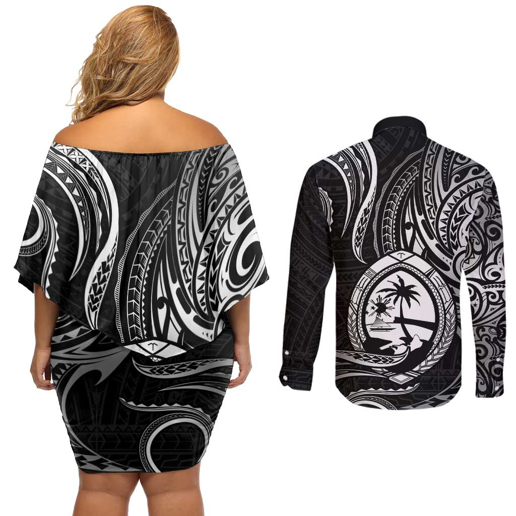 Polynesian Guam Coat of Arms Couples Matching Off Shoulder Short Dress and Long Sleeve Button Shirt Polynesian Tribal Tattoo Black Version LT9 - Polynesian Pride