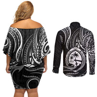 Polynesian Guam Coat of Arms Couples Matching Off Shoulder Short Dress and Long Sleeve Button Shirt Polynesian Tribal Tattoo Black Version LT9 - Polynesian Pride