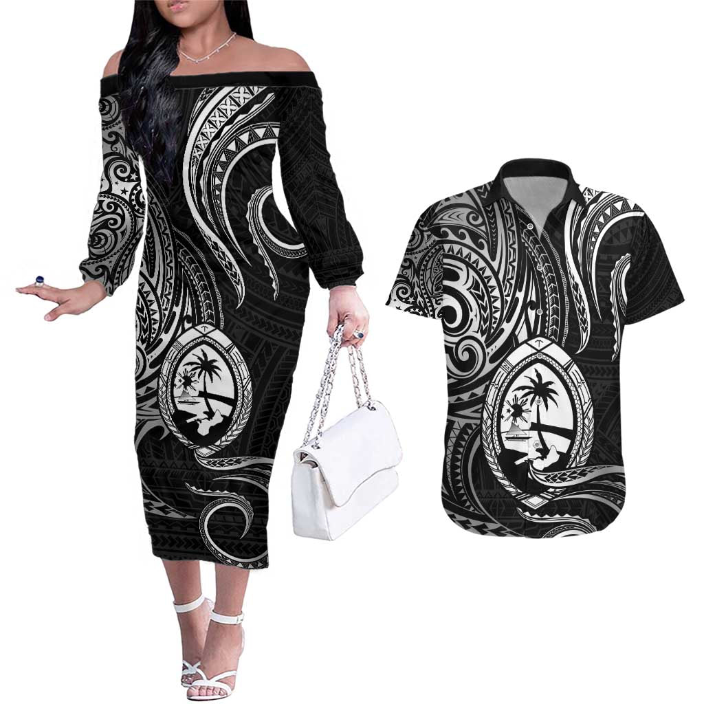 Polynesian Guam Coat of Arms Couples Matching Off The Shoulder Long Sleeve Dress and Hawaiian Shirt Polynesian Tribal Tattoo Black Version LT9 Black - Polynesian Pride