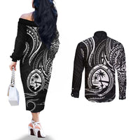 Polynesian Guam Coat of Arms Couples Matching Off The Shoulder Long Sleeve Dress and Long Sleeve Button Shirt Polynesian Tribal Tattoo Black Version LT9 - Polynesian Pride