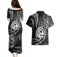 Polynesian Guam Coat of Arms Couples Matching Puletasi and Hawaiian Shirt Polynesian Tribal Tattoo Black Version LT9 - Polynesian Pride