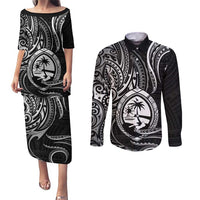 Polynesian Guam Coat of Arms Couples Matching Puletasi and Long Sleeve Button Shirt Polynesian Tribal Tattoo Black Version LT9 Black - Polynesian Pride