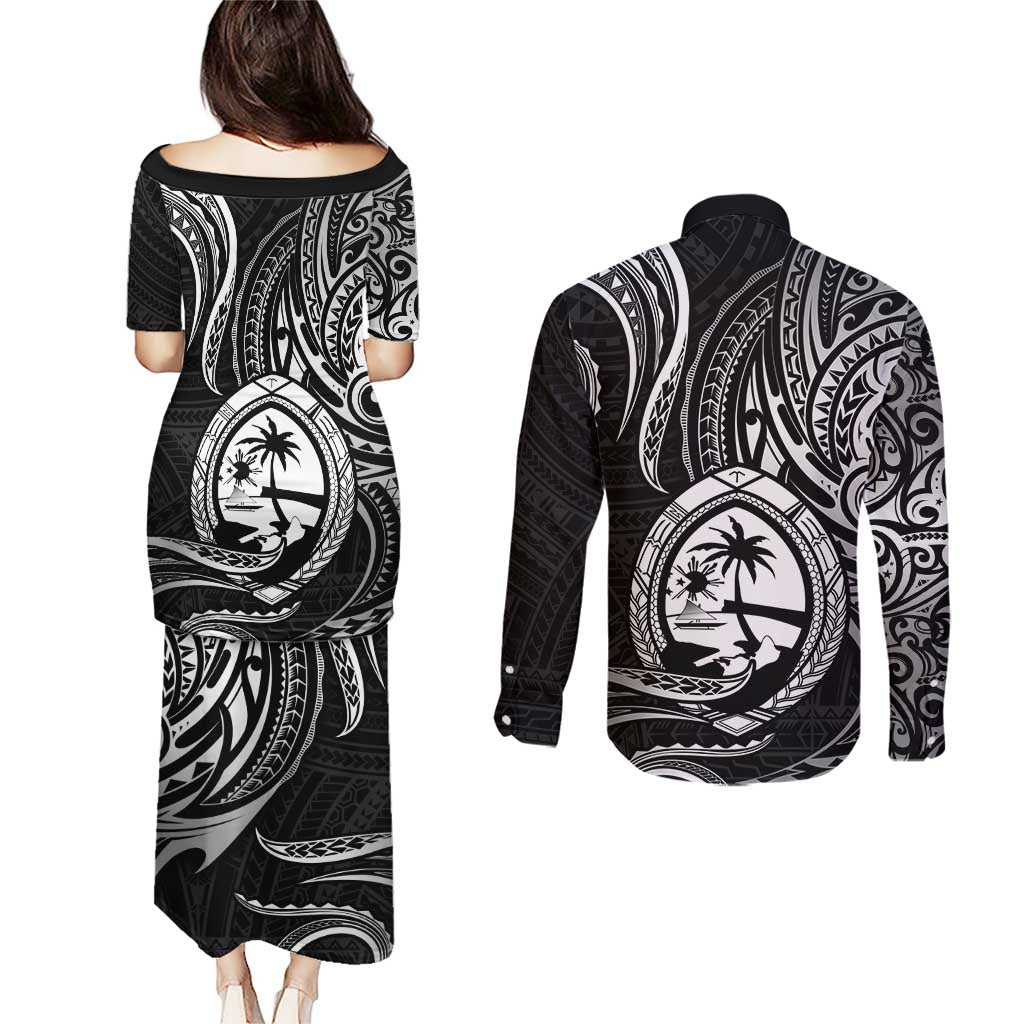 Polynesian Guam Coat of Arms Couples Matching Puletasi and Long Sleeve Button Shirt Polynesian Tribal Tattoo Black Version LT9 - Polynesian Pride
