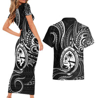 Polynesian Guam Coat of Arms Couples Matching Short Sleeve Bodycon Dress and Hawaiian Shirt Polynesian Tribal Tattoo Black Version LT9 - Polynesian Pride