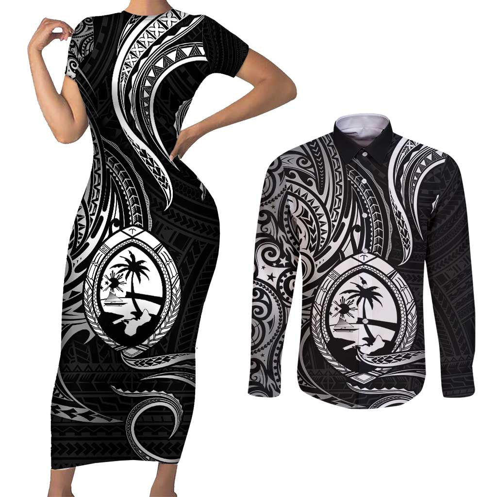 Polynesian Guam Coat of Arms Couples Matching Short Sleeve Bodycon Dress and Long Sleeve Button Shirt Polynesian Tribal Tattoo Black Version LT9 Black - Polynesian Pride